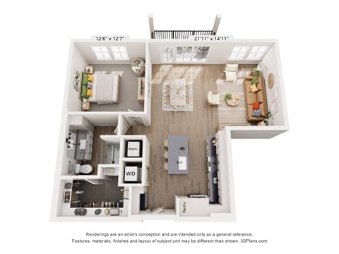 Floor plan for 1 bed, 1 bath, 892 sqft